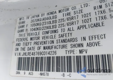 2009 Honda Cr-V Ex-L from USA, damaged, VIN JHLRE48769C014226